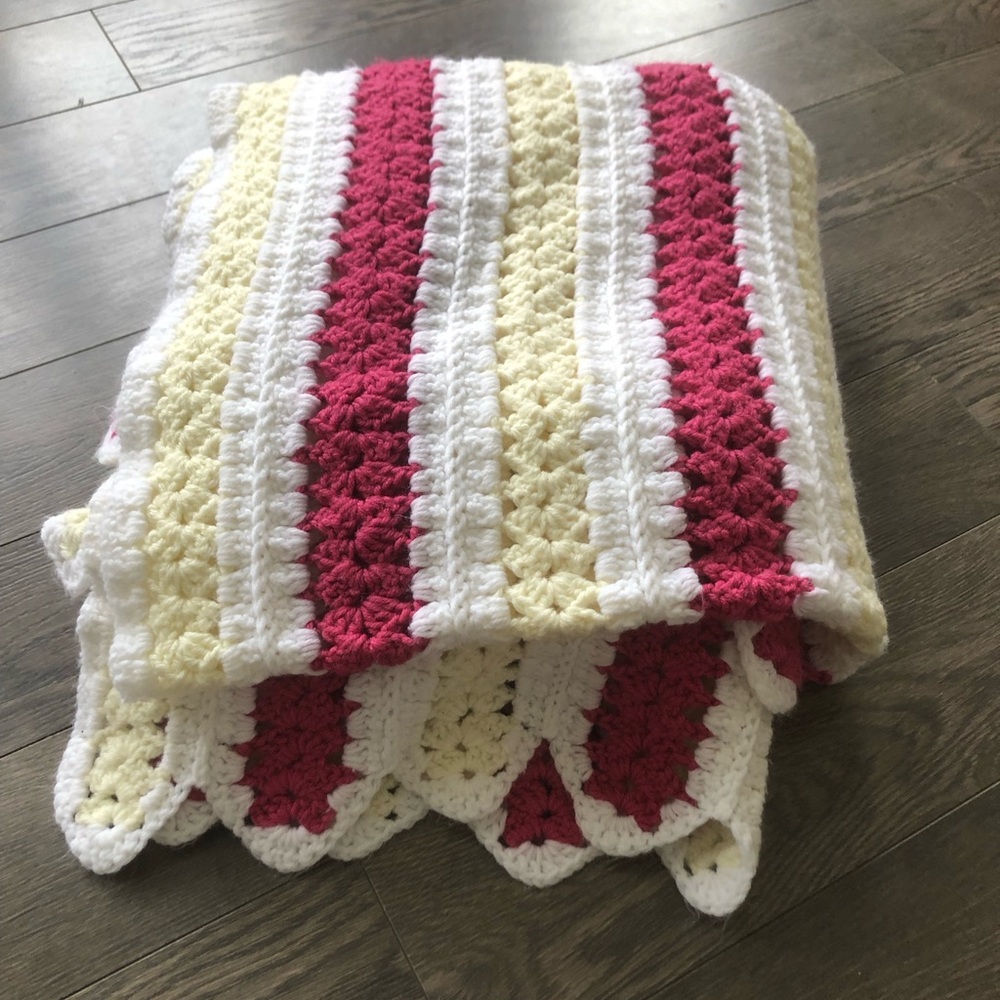 Handmade Crotchet Blanket Magenta Cream White